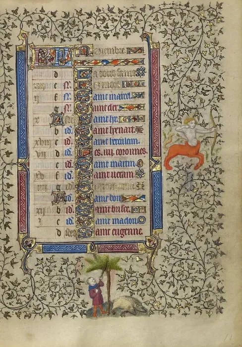 Framed Print : Calendar Page for November: Gathering Acorns for Pigs: Sagittarius; Book of Hours, about 1410. Creator: Unknown Framed Print : Calendar Page for November: Gathering Acorns for Pigs: Sagittarius; Book of Hours, about 1410. Creator: Unknown