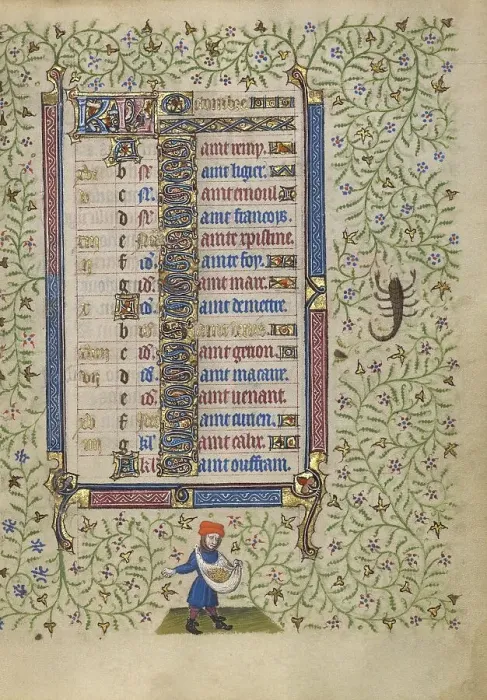 Framed Print : Calendar Page for October: Sowing: Scorpio; Book of Hours, about 1410. Creator: Unknown Framed Print : Calendar Page for October: Sowing: Scorpio; Book of Hours, about 1410. Creator: Unknown