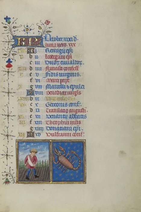 Framed Print : Calendar Page for October: Sowing: Scorpio; Calendar Page for October, about 1450-1455. Creator: Master of the Lee Hours Framed Print : Calendar Page for October: Sowing: Scorpio; Calendar Page for October, about 1450-1455. Creator: Master of the Lee Hours