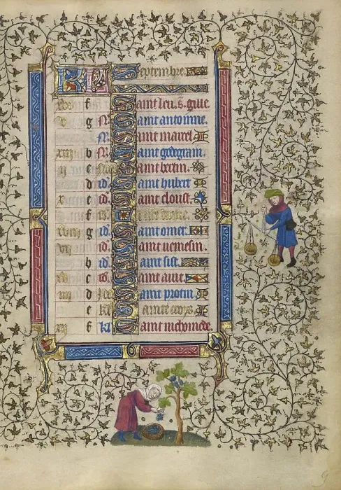 Framed Print : Calendar Page for September: Harvesting Grapes: Libra, about 1410. Creator: Unknown Framed Print : Calendar Page for September: Harvesting Grapes: Libra, about 1410. Creator: Unknown
