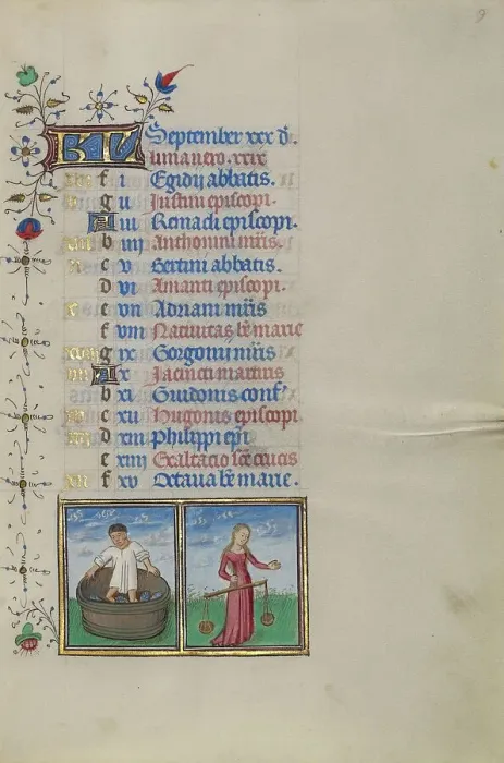 Framed Print : Calendar Page for September: Making Wine: Libra; Book of Hours, about 1450-1455. Creator: Master of the Lee Hours Framed Print : Calendar Page for September: Making Wine: Libra; Book of Hours, about 1450-1455. Creator: Master of the Lee Hours