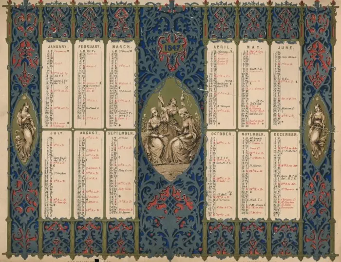 Framed Print : Calendar with saints days and royal birthdays, 1847. Creator: M & N Hanhart Framed Print : Calendar with saints days and royal birthdays, 1847. Creator: M & N Hanhart