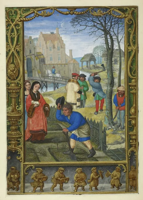 Framed Print : Calendar scene for March: gardening and felling trees, 1520-1530. Creator: Unknown Framed Print : Calendar scene for March: gardening and felling trees, 1520-1530. Creator: Unknown