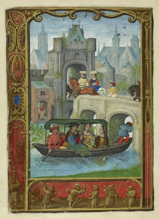 Framed Print : Calendar scene for May: Boating party, 1520-1530. Creator: Workshop of Simon Bening Framed Print : Calendar scene for May: Boating party, 1520-1530. Creator: Workshop of Simon Bening