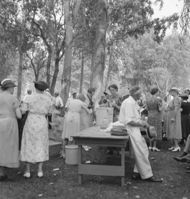 Framed Print : California Day, a picnic in town park on the Rogue River, Grants Pass, Oregon, 1939. Creator: Dorothea Lange Framed Print : California Day, a picnic in town park on the Rogue River, Grants Pass, Oregon, 1939. Creator: Dorothea Lange