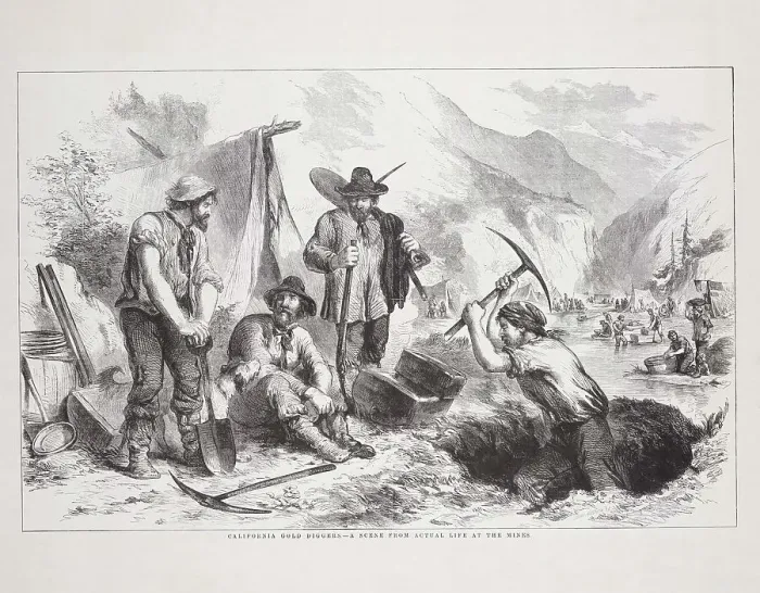 Framed Print : California gold diggers, a scene from actual life at the mines. Creator: Andrew, John (1815-1875) Framed Print : California gold diggers, a scene from actual life at the mines. Creator: Andrew, John (1815-1875)