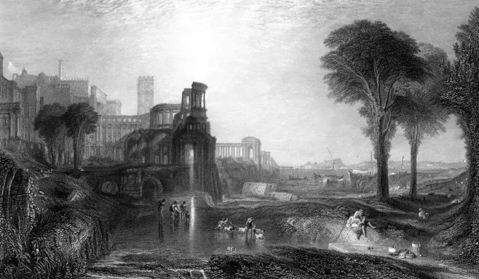 Framed Print : Caligulas Palace and Bridge, 19th century. Artist: E Goodall Framed Print : Caligulas Palace and Bridge, 19th century. Artist: E Goodall