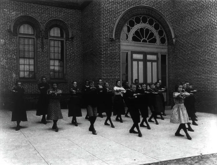 Framed Print : Calisthenics or dance class, outdoors, 3rd Division, (1899?). Creator: Frances Benjamin Johnston Framed Print : Calisthenics or dance class, outdoors, 3rd Division, (1899?). Creator: Frances Benjamin Johnston