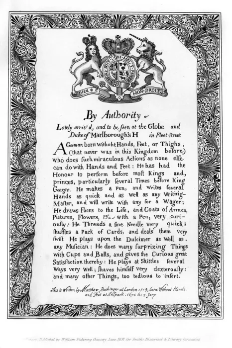 Framed Print : Calligraphic exhibition bill of Matthew Buchinger, Dwarf of Nurnburg, 1717, (1840). Artist: Matthew Buchinger Framed Print : Calligraphic exhibition bill of Matthew Buchinger, Dwarf of Nurnburg, 1717, (1840). Artist: Matthew Buchinger