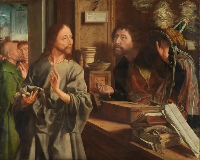 Framed Print : The Calling of Saint Matthew, 1530. Creator: Marinus van Reymerswaele Framed Print : The Calling of Saint Matthew, 1530. Creator: Marinus van Reymerswaele