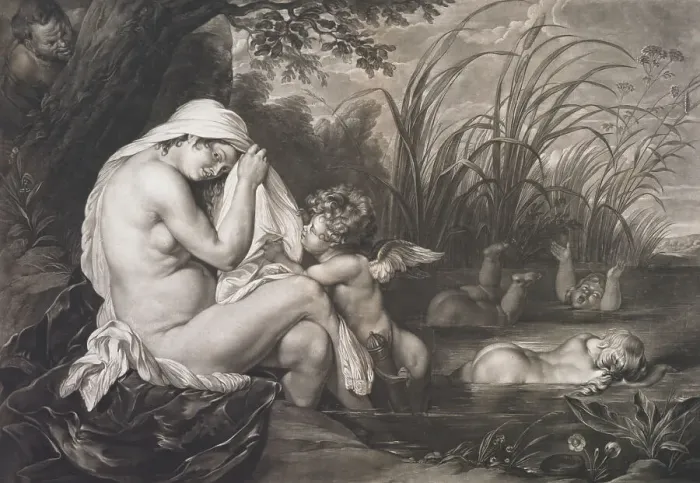 Framed Print : Callisto in her retirement, 1778. Creator: Richard Earlom Framed Print : Callisto in her retirement, 1778. Creator: Richard Earlom