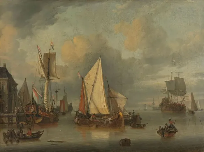 Framed Print : A Calm (Ships in the Harbor by Calm Weather), 1675-1719. Creator: Jan Claesz Rietschoof Framed Print : A Calm (Ships in the Harbor by Calm Weather), 1675-1719. Creator: Jan Claesz Rietschoof