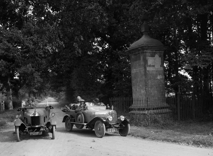 Framed Print : Calthorpe and Morris passing the Four Shire Stone, near Broadway, Worcestershire, c1920s Framed Print : Calthorpe and Morris passing the Four Shire Stone, near Broadway, Worcestershire, c1920s