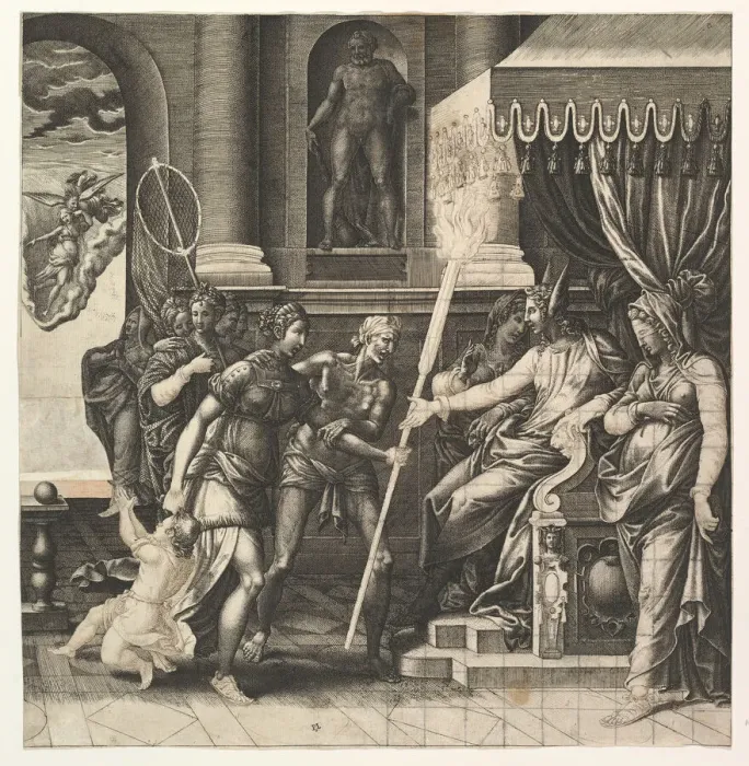 Framed Print : The Calumny of Apelles, 1560. Creator: Giorgio Ghisi Framed Print : The Calumny of Apelles, 1560. Creator: Giorgio Ghisi