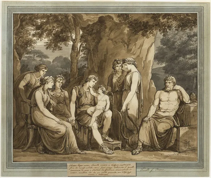 Framed Print : Calypso Watches Telemachus with Cupid on His Knee, While Mentor Watches in Anger... 1808. Creator: Bartolomeo Pinelli Framed Print : Calypso Watches Telemachus with Cupid on His Knee, While Mentor Watches in Anger... 1808. Creator: Bartolomeo Pinelli