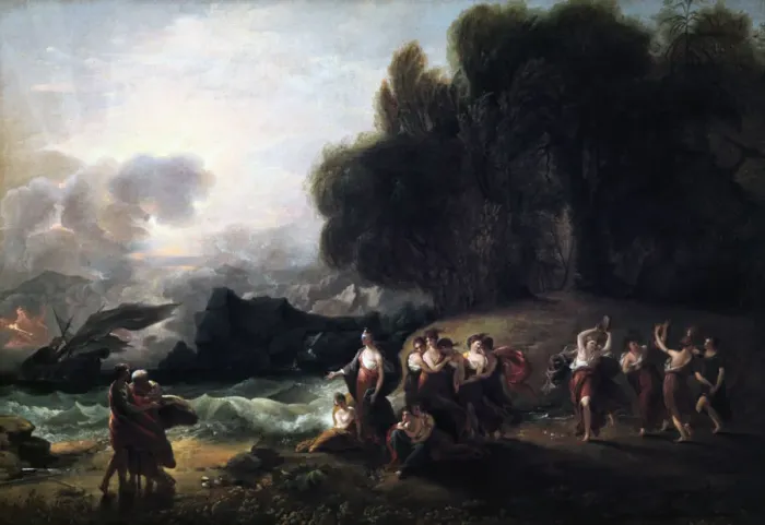 Framed Print : Calypsos Reception of Telemachus and Mentor, 1801. Artist: Benjamin West Framed Print : Calypsos Reception of Telemachus and Mentor, 1801. Artist: Benjamin West