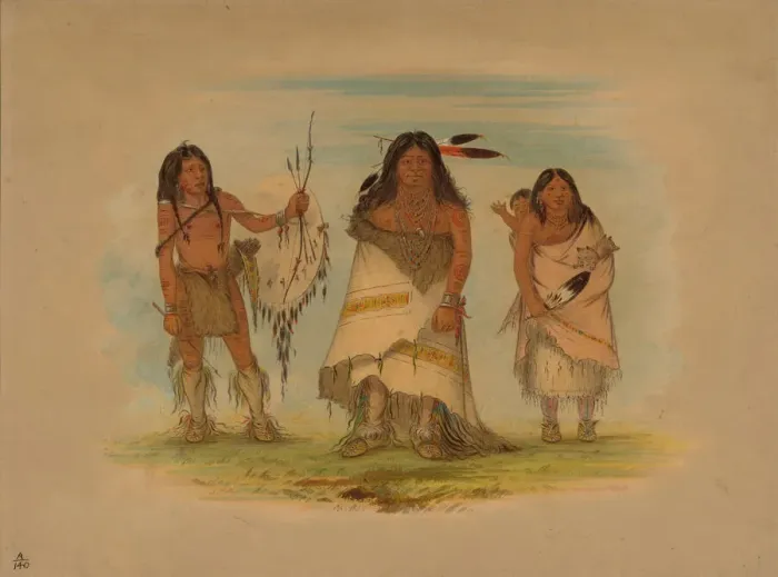 Framed Print : Camanchee Chief, His Wife, and a Warrior, 1861. Creator: George Catlin Framed Print : Camanchee Chief, His Wife, and a Warrior, 1861. Creator: George Catlin