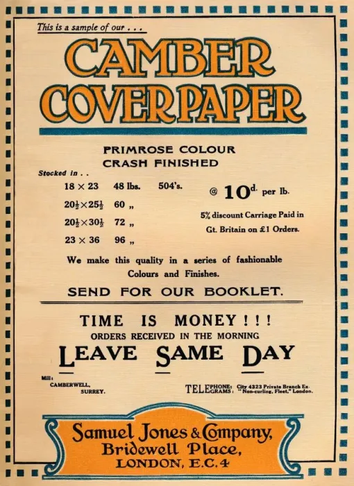 Framed Print : Camber Coverpaper - Samuel Jones & Company advertisement, 1919 Framed Print : Camber Coverpaper - Samuel Jones & Company advertisement, 1919