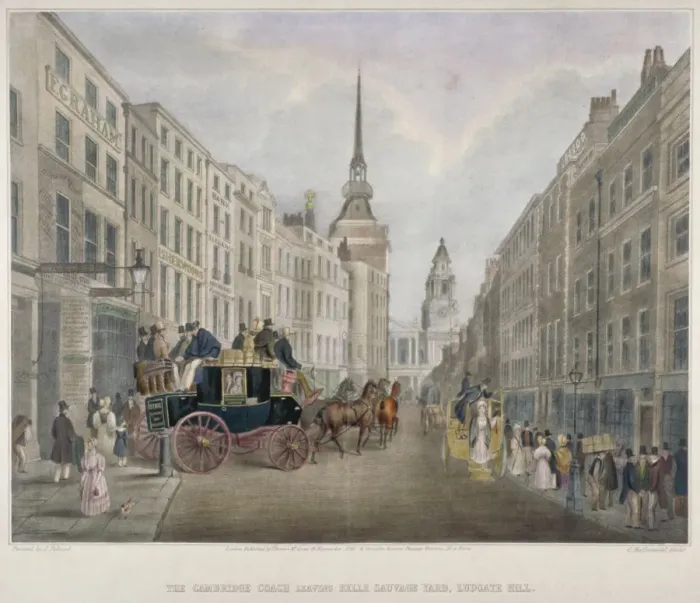 Framed Print : The Cambridge coach leaving the Nelson Inn, Belle Sauvage Yard, Ludgate Hill, London, 1818 Framed Print : The Cambridge coach leaving the Nelson Inn, Belle Sauvage Yard, Ludgate Hill, London, 1818