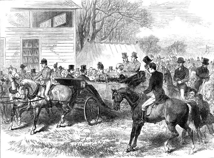 Framed Print : The Cambridgeshire Steeplechase, Cottenham: arrival of the Prince and Princess of Wales, 1870. Creator: Unknown Framed Print : The Cambridgeshire Steeplechase, Cottenham: arrival of the Prince and Princess of Wales, 1870. Creator: Unknown