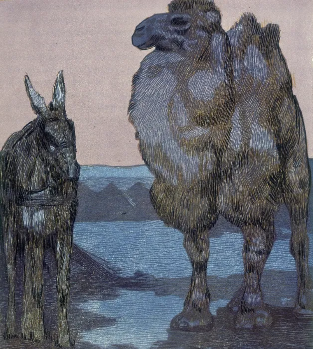 Framed Print : Camel and ass; scene from 'The Jungle Book', 1919. Creator: Paul Jouve Framed Print : Camel and ass; scene from 'The Jungle Book', 1919. Creator: Paul Jouve