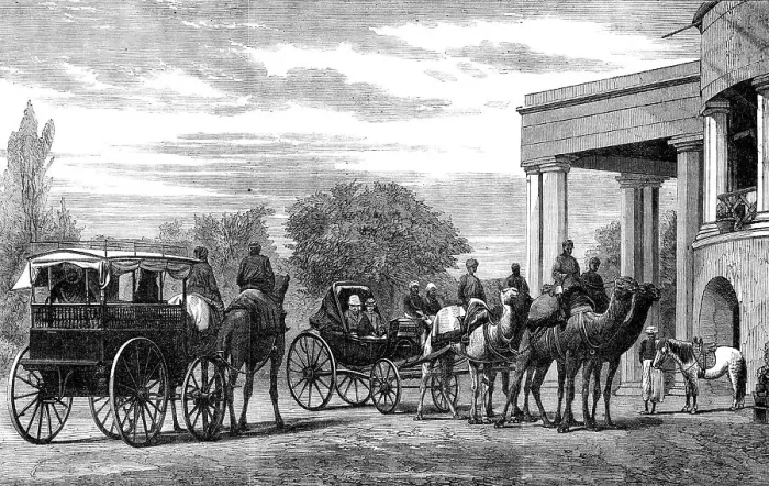 Framed Print : Camel-carriage used by the Lieutenant-Governor of the Punjaub, 1864. Creator: Unknown Framed Print : Camel-carriage used by the Lieutenant-Governor of the Punjaub, 1864. Creator: Unknown