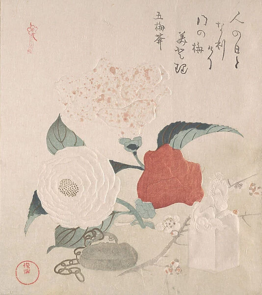 Camellia Flowers, a Netsuke and a Seal, 19th century. Creator: Kubo Shunman