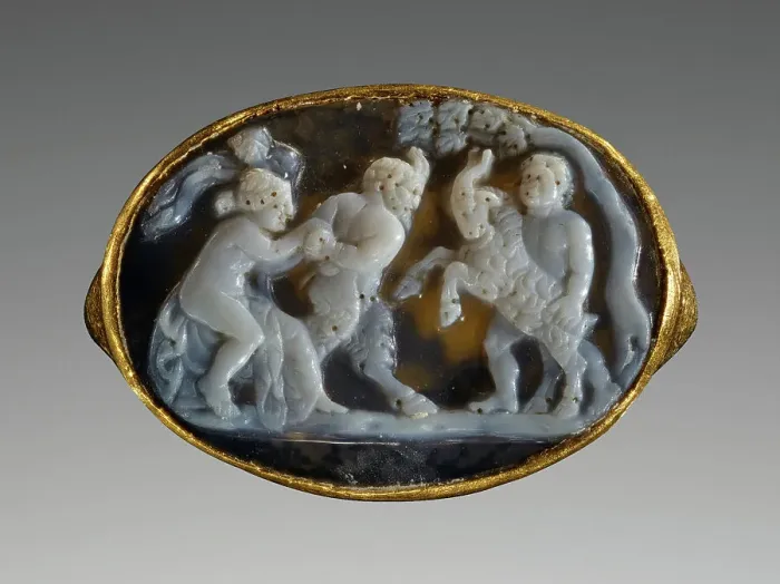 Framed Print : Cameo with Pan, a Maenad, a Satyr and a Goat inset Into a Ring, 25-1 B.C. Creator: Unknown Framed Print : Cameo with Pan, a Maenad, a Satyr and a Goat inset Into a Ring, 25-1 B.C. Creator: Unknown