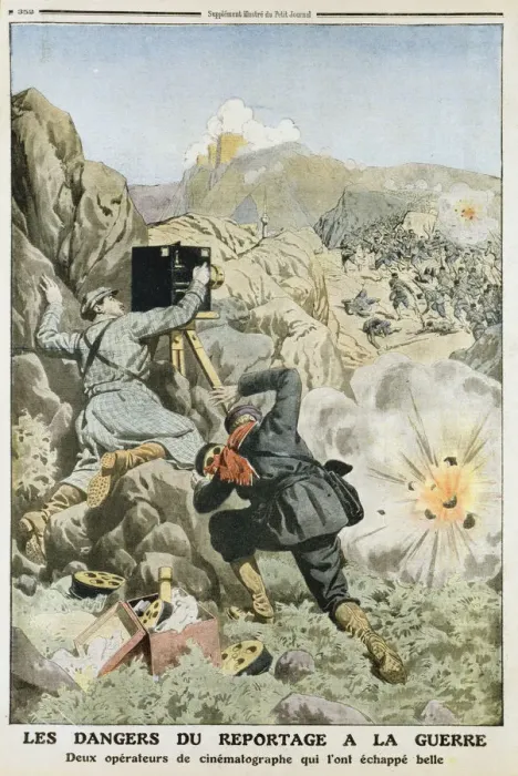 Framed Print : Cameramen under fire while filming in the First Balkan War, 1912 Framed Print : Cameramen under fire while filming in the First Balkan War, 1912