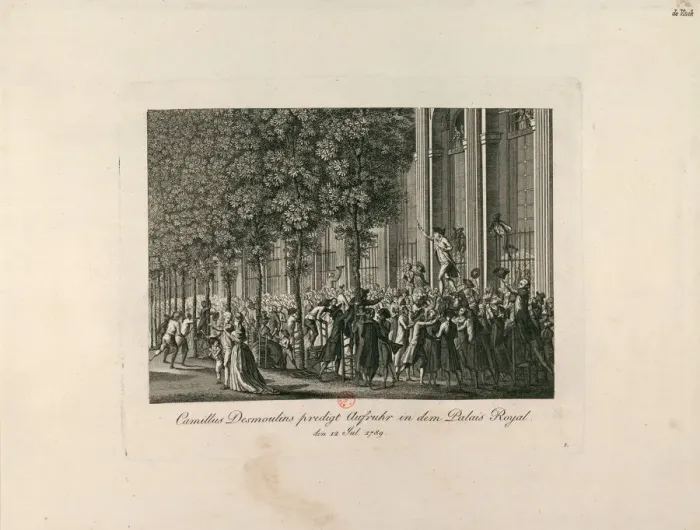Framed Print : Camille Desmoulins in the Palais Royal Gardens, c. 1797-1800. Creator: Anonymous Framed Print : Camille Desmoulins in the Palais Royal Gardens, c. 1797-1800. Creator: Anonymous