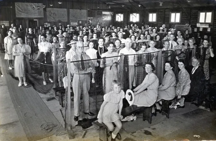 Framed Print : Camouflage net making, Kelvin Grove Drill Hall (now Z 10), Brisbane, 1941. Creator: Isabel Bain Framed Print : Camouflage net making, Kelvin Grove Drill Hall (now Z 10), Brisbane, 1941. Creator: Isabel Bain