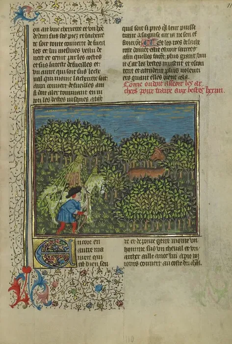 Framed Print : A Camouflaged Horseman and an Archer Approaching a Deer; Livre de la Chasse, about 1430-1440. Creator: Unknown Framed Print : A Camouflaged Horseman and an Archer Approaching a Deer; Livre de la Chasse, about 1430-1440. Creator: Unknown