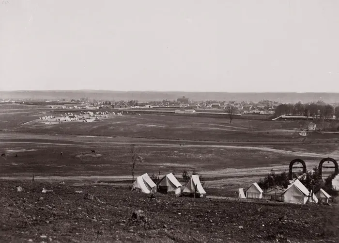 Framed Print : Camp of 44th New York Infantry, 1861-65. Creator: Unknown Framed Print : Camp of 44th New York Infantry, 1861-65. Creator: Unknown