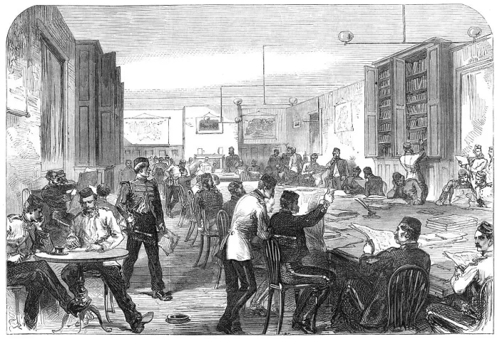 Framed Print : The Camp at Aldershott: soldiers reading-room, 1868. Creator: C. R Framed Print : The Camp at Aldershott: soldiers reading-room, 1868. Creator: C. R