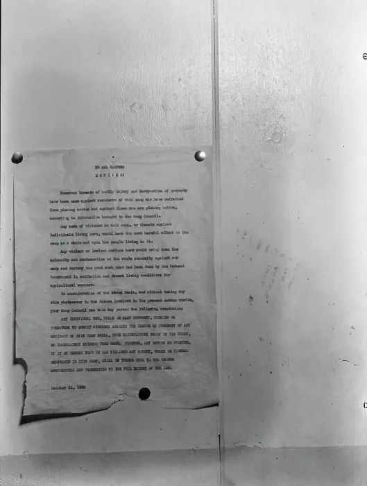 Framed Print : Camp bulletin board in Shafter camp for migratory workers, FSA camp, California, 1938. Creator: Dorothea Lange Framed Print : Camp bulletin board in Shafter camp for migratory workers, FSA camp, California, 1938. Creator: Dorothea Lange