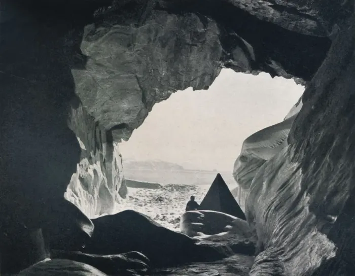 Framed Print : Camp in the Cave Under Penelope Point, 1912, (1913). Artist: G Murray Levick Framed Print : Camp in the Cave Under Penelope Point, 1912, (1913). Artist: G Murray Levick