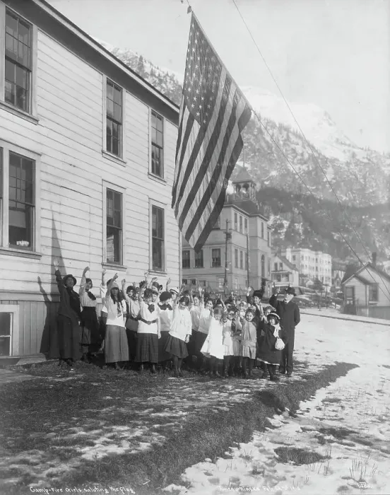 Framed Print : Camp-Fire Girls saluting the flag, 1915. Creator: Unknown Framed Print : Camp-Fire Girls saluting the flag, 1915. Creator: Unknown