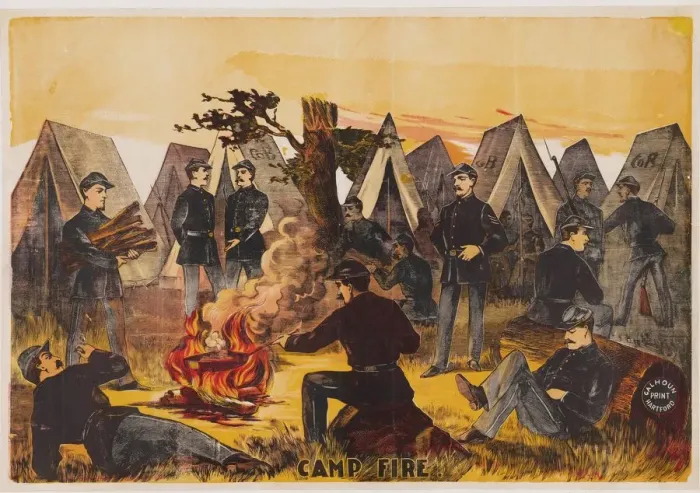 Framed Print : Camp Fire, pub. c1865 (colour lithograph) Creator: American School (19th Century) Framed Print : Camp Fire, pub. c1865 (colour lithograph) Creator: American School (19th Century)