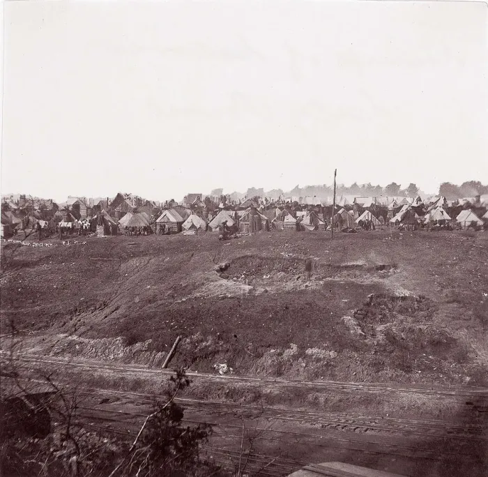Framed Print : Camp of Laborers, City Point, 1861-65. Creator: Andrew Joseph Russell Framed Print : Camp of Laborers, City Point, 1861-65. Creator: Andrew Joseph Russell
