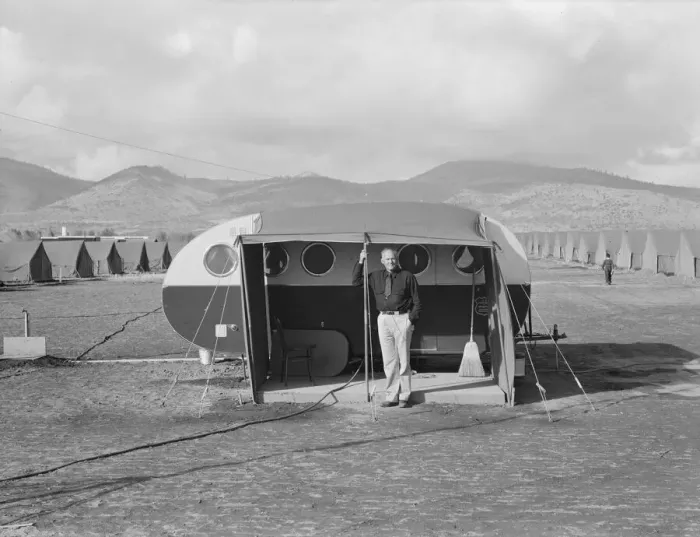 Framed Print : The camp manager, the office trailer and view of FSA camp, Merrill, Klamath County, Oregon, 1939. Creator: Dorothea Lange Framed Print : The camp manager, the office trailer and view of FSA camp, Merrill, Klamath County, Oregon, 1939. Creator: Dorothea Lange