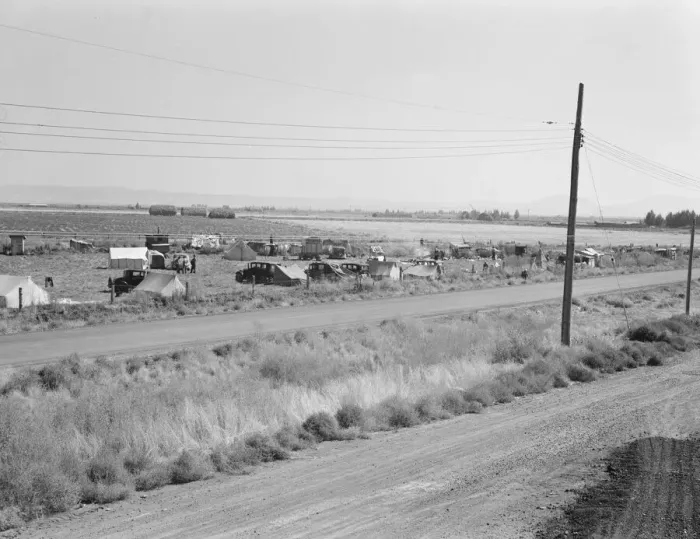 Framed Print : Camp of migrant potato pickers seen from potato shed... Tulelake, Siskiyou County, California, 1939 Creator: Dorothea Lange Framed Print : Camp of migrant potato pickers seen from potato shed... Tulelake, Siskiyou County, California, 1939 Creator: Dorothea Lange