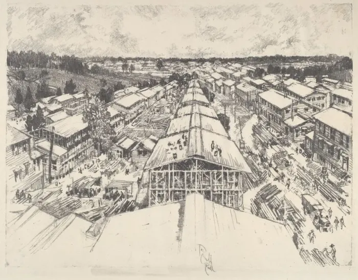Framed Print : The Camp, the New Architecture, 1917. Creator: Joseph Pennell Framed Print : The Camp, the New Architecture, 1917. Creator: Joseph Pennell