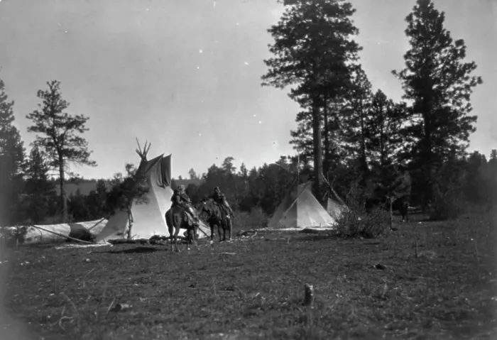 Framed Print : Camp of the Root Diggers-Yakima, 1909, c1910. Creator: Edward Sheriff Curtis