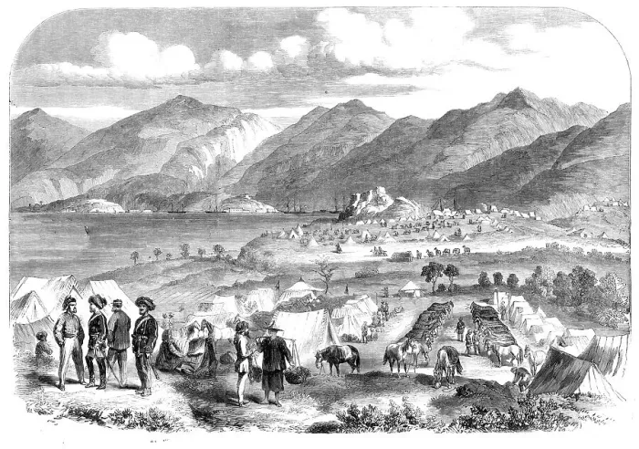 Framed Print : Camp of the Sikh Cavalry at Cowloong opposite Hong-Kong: Probyn's Horse and Fane's Horse... 1860. Creator: Unknown Framed Print : Camp of the Sikh Cavalry at Cowloong opposite Hong-Kong: Probyn's Horse and Fane's Horse... 1860. Creator: Unknown