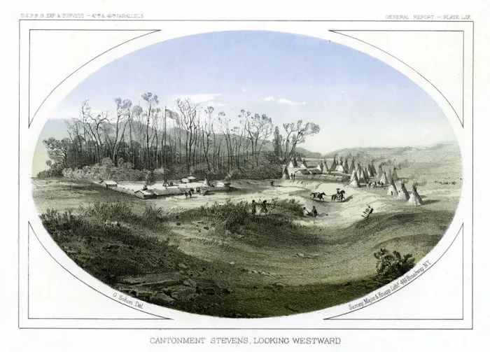 Framed Print : Camp Stevens, looking westward, Montana, USA, 1856. Artist: Gustav Sohon Framed Print : Camp Stevens, looking westward, Montana, USA, 1856. Artist: Gustav Sohon