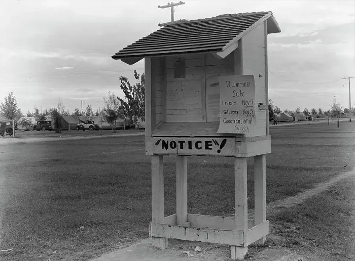 Framed Print : Campers bulletin board near entrance of Shafter camp for migrant workers, California, 1938. Creator: Dorothea Lange Framed Print : Campers bulletin board near entrance of Shafter camp for migrant workers, California, 1938. Creator: Dorothea Lange