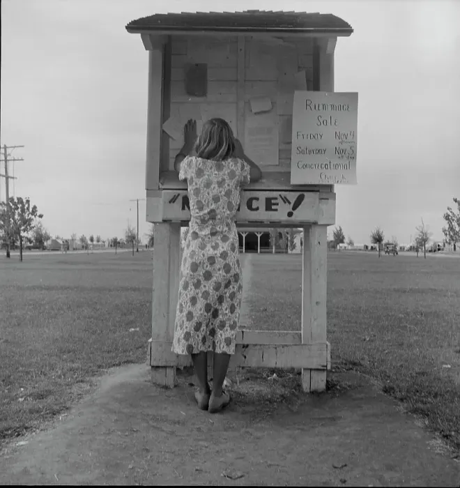 Framed Print : Campers bulletin board, Shafter camp, California, 1938. Creator: Dorothea Lange Framed Print : Campers bulletin board, Shafter camp, California, 1938. Creator: Dorothea Lange
