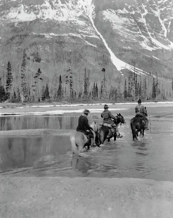 Framed Print : Three campers on horseback cross the Columbia River in Washington, 1903. Creator: Frances Benjamin Johnston Framed Print : Three campers on horseback cross the Columbia River in Washington, 1903. Creator: Frances Benjamin Johnston