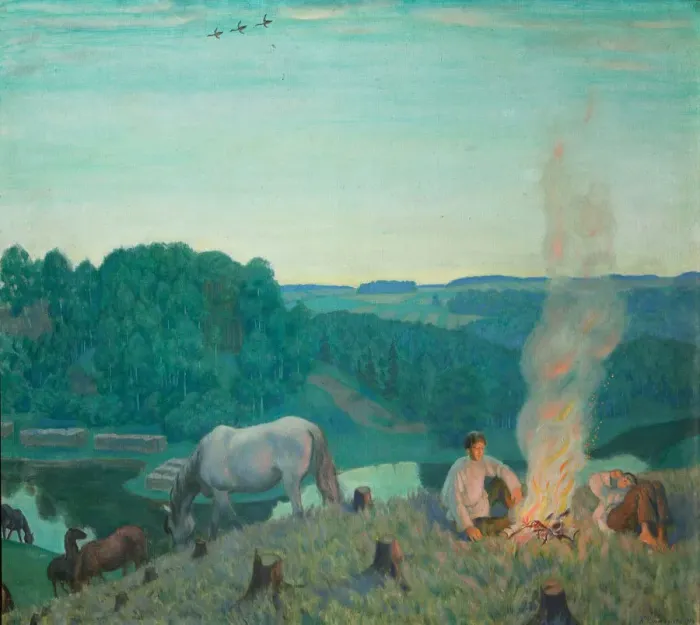 Framed Print : Campfire, 1916. Artist: Kustodiev, Boris Michaylovich (1878-1927) Framed Print : Campfire, 1916. Artist: Kustodiev, Boris Michaylovich (1878-1927)