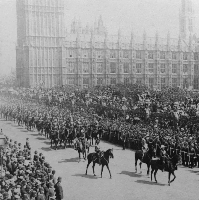 Framed Print : Canadian mounted troops, procession for Queen Victorias Diamond Jubilee, London, 1897. Artist: James M Davis Framed Print : Canadian mounted troops, procession for Queen Victorias Diamond Jubilee, London, 1897. Artist: James M Davis